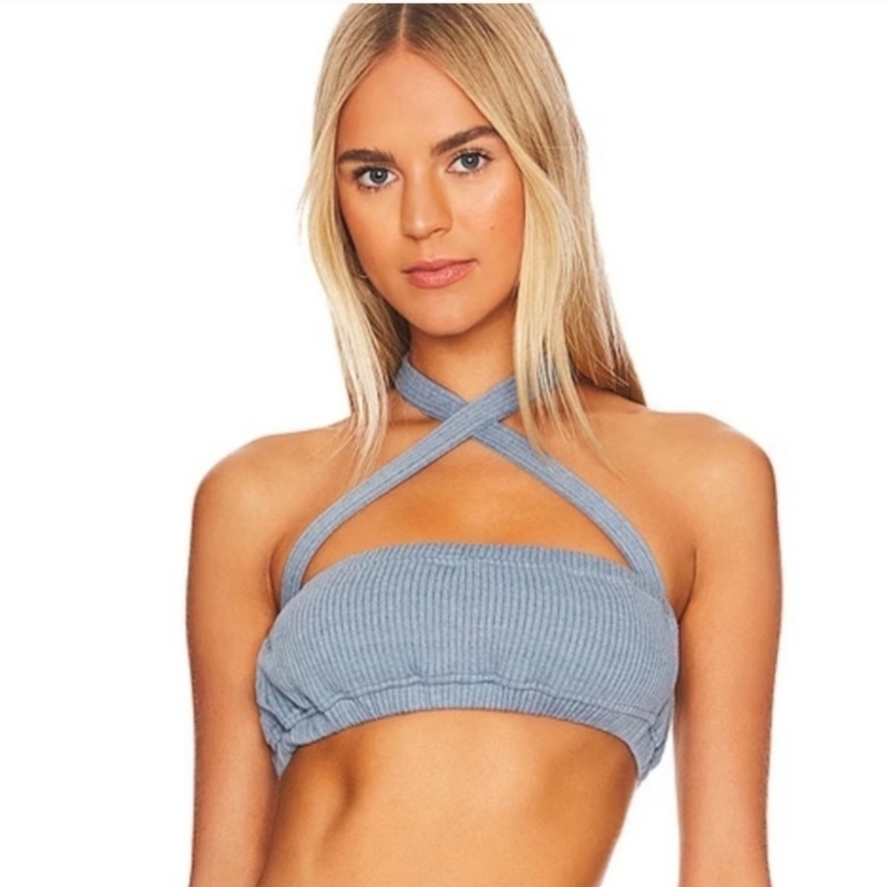 WeWoreWhat Blue Storm Tie Halter Bra Top